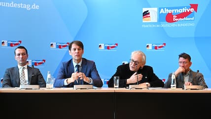 Die AfD-Abgeordneten Matthias Helferich (l-r), Götz Frömming, Martin Renner und Ronald Gläser sprechen während einer Pressekonferenz im Jakob-Kaiser-Haus.